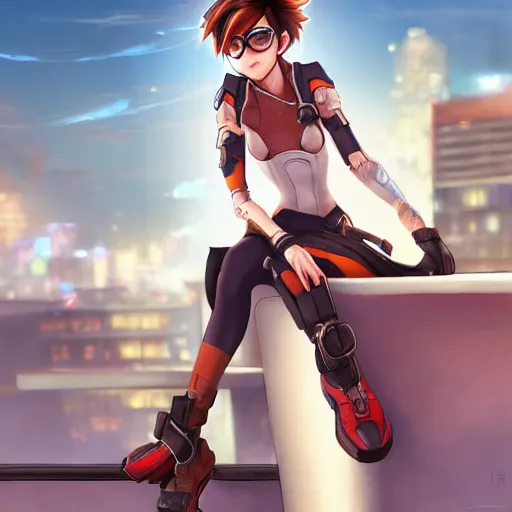 Image similar to digital artwork of tracer sitting on a rooftop, in the style of artgerm, detailed face, expressive face, feminine face, detailed eyes, arstation, 4 k,