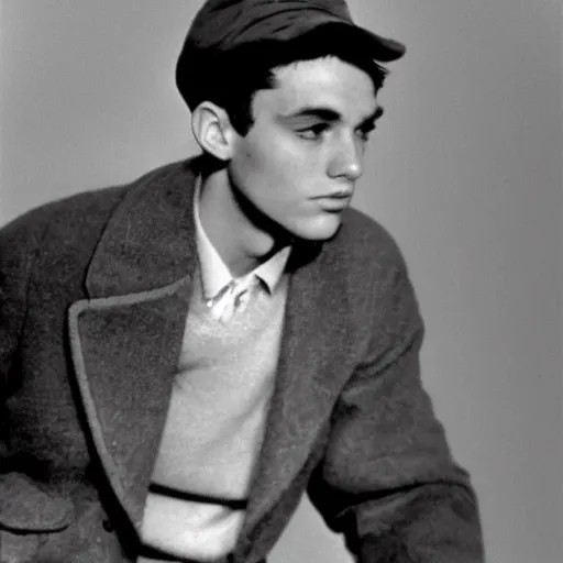 Prompt: 1 9 5 1 photo of holden caulfield from the catcher in the rye