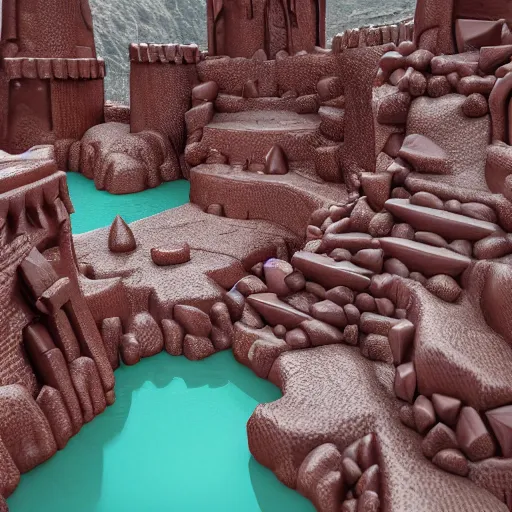 Prompt: Castles made of cake, on jagged chocolate mountains, near a strawberry smoothie river, highly detailed, 8k octane render