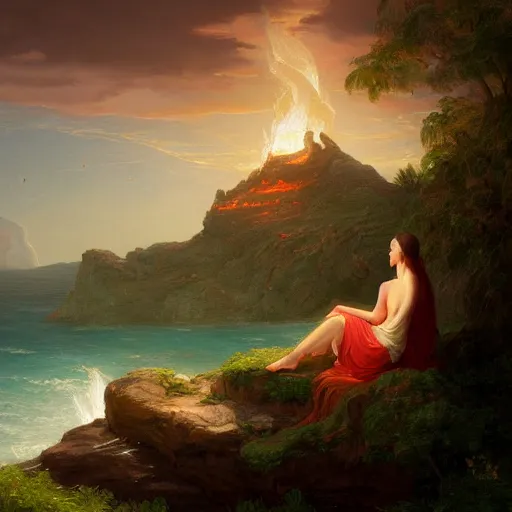 Prompt: a painting of a woman sitting on a rock overlooking a burning house on an island, a digital painting by thomas cole, cgsociety, metaphysical painting, 2 d game art, storybook illustration, detailed painting