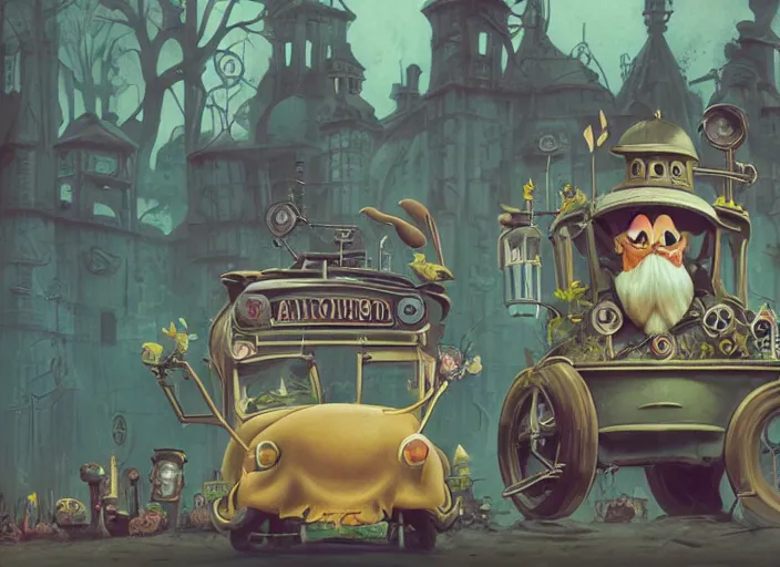 Image similar to matte sharp painting, close - up of a garden gnome driving a steampunk bus, juxtapoz, artforum, gary baseman, preston blair, tex avery, dan mumford, pedro correa