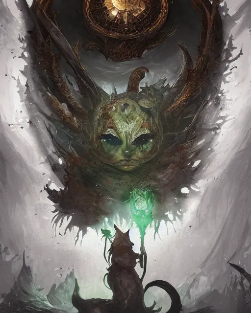 Image similar to Cat Witch, Nurgle, Tzeentch, magic the gathering artwork, D&D, fantasy, cinematic lighting, centered, symmetrical, highly detailed, digital painting, artstation, concept art, smooth, sharp focus, illustration, volumetric lighting, epic Composition, 8k, art by Akihiko Yoshida and Greg Rutkowski and Craig Mullins, oil painting, cgsociety