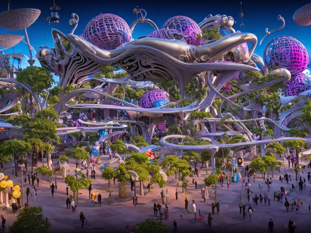 Image similar to a busy elaborate ornate outdoor science museum, cinematic, shadows, 4 k, detailed, by zaha hadid and lisa frank and peter jackson and ridley scott and beeple and greg rutowski