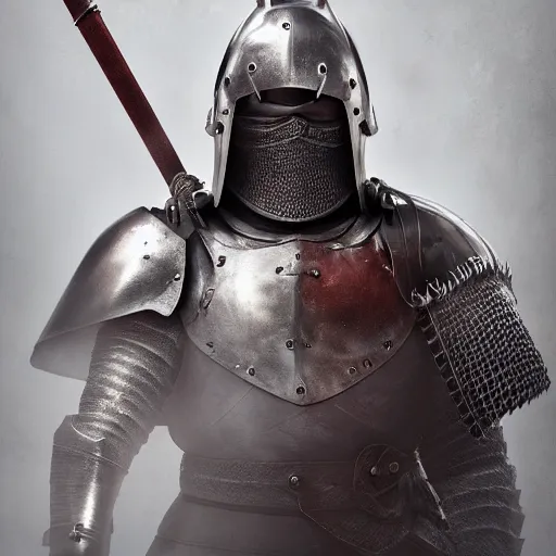 Image similar to miyazaki in a full medieval armor, looking at viewer, very detailed, octane render, portrait photography