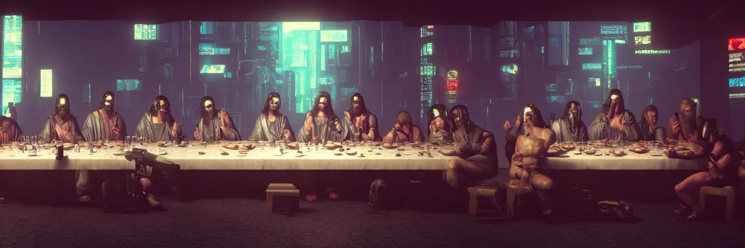 Prompt: the last supper, cyberpunk style, octane render