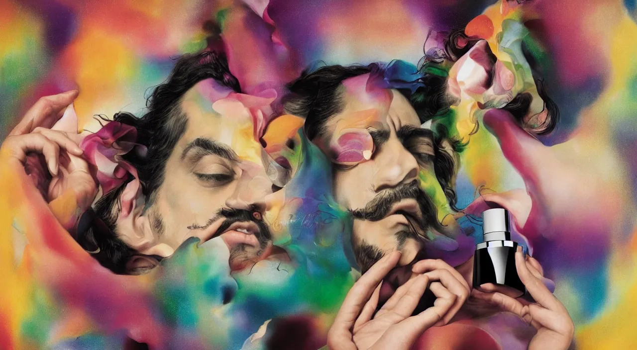 Prompt: portrait fragrance packshot by salvador dali, highly detailed, vibrant colors