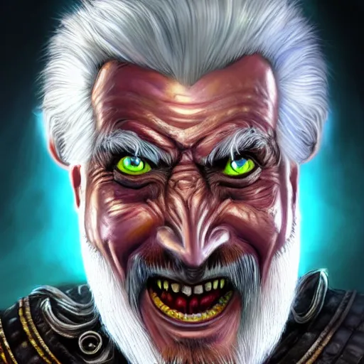 Image similar to bright, colorful, realistic, detailed from Elder Scrolls: Shivering isles concept art of The Mad God Sheogorath with a madsmile, combed white short beard and slicked back white hair backlighting, kodachrome, high contrast, highly detailed, sharp focus, digital painting, concept art, illustration, trending on artstation, comic book by Alex Ross and Adam Adamowicz cover art