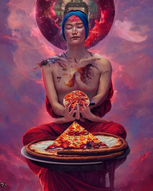 Image similar to detailed photo of meditating pizza monk, beautiful, 8 k, by tristan eaton, stanley artgermm, tom bagshaw, greg rutkowski, carne griffiths, trending on deviantart, hyper detailed, glorious lighting, epic environment