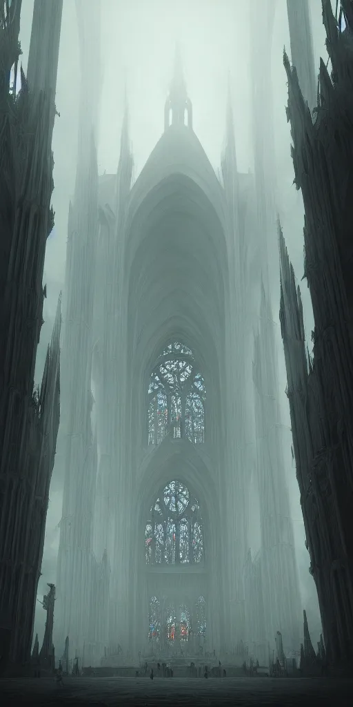 Image similar to epic cathedral!!!!!!!!!! interior!!! god-rays artstation atmospheric concept art cinematic digital fantasy gothic tall architecture haze!!! hazy smoke octane mood monks!!!