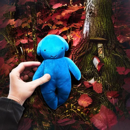 Prompt: demonic blue'snappy gifts'human - sized plush doll, in magical forest, holding gift, dark atmosphere, high detail, soft lighting, 8 k