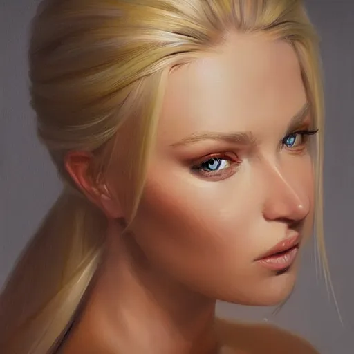 Prompt: a painting of a blonde woman with blue eyes, a photorealistic painting by mandy jurgens, trending on artstation, photorealism, detailed painting, behance hd, hyper realism