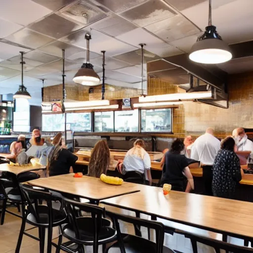 Image similar to busy wafflehouse interior with customers eating breakfast and wafflehouse employees serving food and cooking behind countertop