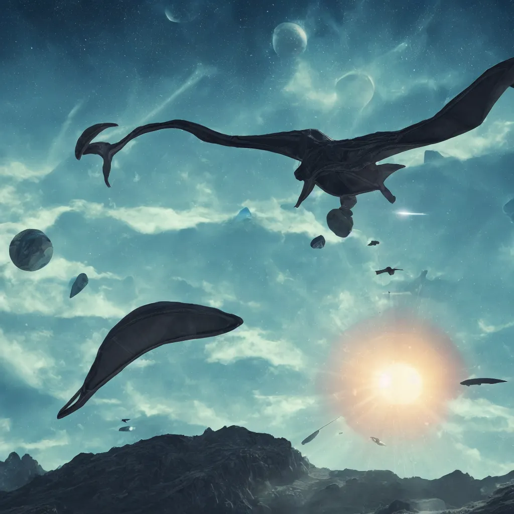 Image similar to organic alien pterodactyl flying over a mountainous alien landscape with visible planets in the sky, refraction, reflections, chromatic aberration, light scatter, ray tracing, dramatic sci-fi movie still