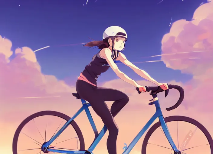 Prompt: portrait of cute girl riding road bike, sunny sky background, lush landscape, illustration concept art anime key visual trending pixiv fanbox by wlop and greg rutkowski and makoto shinkai and studio ghibli and kyoto animation, symmetrical facial features, sports clothing, cylcing helmet, nike cycling suit, backlit, aerodynamic frame, from long riders