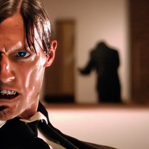 Image similar to Leon Scott Kennedy as The American Psycho, sweating intensely, cinematic still