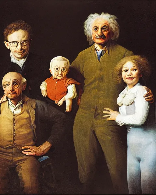 Image similar to painterly family portrait, isaac newton and stephen hawking and albert einstein, impasto, fantasy, chuck close:7, carl spitzweg:7, cinematic light, full face, symmetrical face