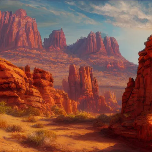 Image similar to a matte painting of the sci - fi wild west sedona, oil painting, pale colors, high detail, 8 k, wide angle, trending on artstation,