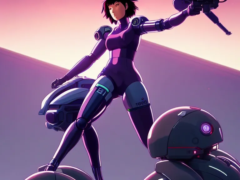 Image similar to a fullbody portrait of motoko kusanagi riding on top of a tachikoma : : stand alone complex, ghost in the shell, netflix : : by ilya kuvshinov, rossdraws, artgerm, sola digital arts, anti aliasing, raytracing : :