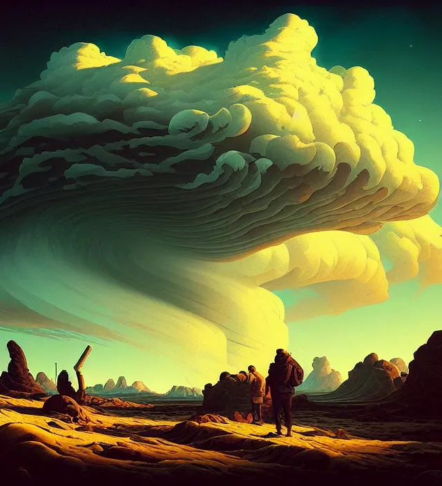 Image similar to a 🌊 swirling in the sky above a barren 🏜 by ivan shishkin and zacharias aagaard and simon stalenhag and dan mumford, chiaroscuro, hyper detailed, high saturation, retrowave