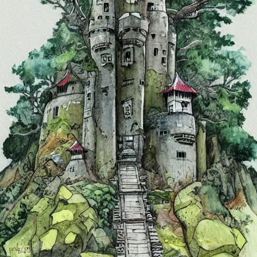 Image similar to laputa castle in the sky hayao miyazaki stands in a small clearing among trees, watercolor illustration for a book