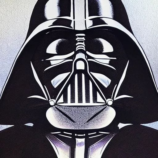 Image similar to beautiful darth vader with giant soft dreamy eyes. Fine detailed colored ink drawing blotter art.