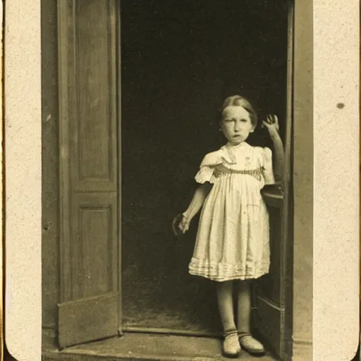 Prompt: an old photograph of a victorian child facing away from the camera, pointing at a glowing doorway