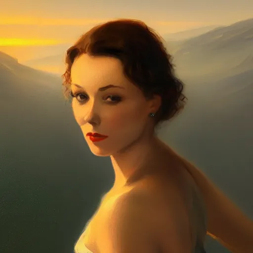 Prompt: a closeup portrait of a young vivian leigh, lake background, gorgeous view, sunset, film noir, serene, high detail, depth, masterpiece by greg rutkowski, digital art, trending on artstation