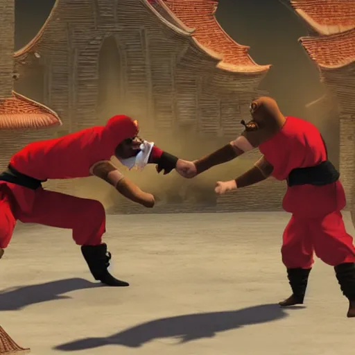 Image similar to real cats dressed as shaolin monks fighting each other, 4k, highly detailed