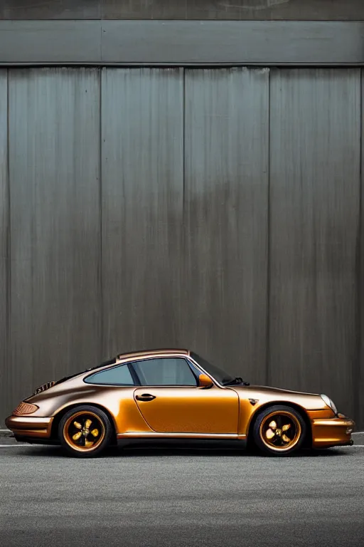 Image similar to Photo of a copper yellow Porsche 911 Carrera 3.2, daylight, dramatic lighting, award winning, highly detailed, fine art photography