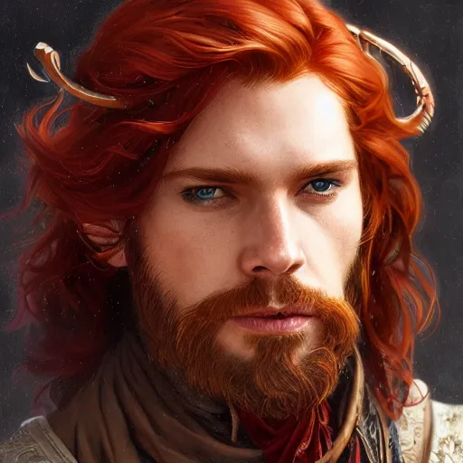 Image similar to portrait of a young pirate, male, rugged, masculine, handsome, upper body, red hair, long hair, D&D, fantasy, intricate, elegant, highly detailed, digital painting, artstation, concept art, cutscene, sharp focus, illustration, art by Artgerm and Greg Rutkowski and Alphonse Mucha