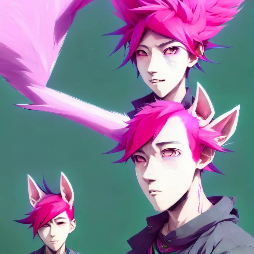 Image similar to a beautiful portrait of a handsome anime male boy with pink hair and pink wolf ears and green eyes wearing cyberpunk clothes. character design by cory loftis, fenghua zhong, ryohei hase, ismail inceoglu and ruan jia. artstation, volumetric light, detailed, photorealistic, fantasy, rendered in octane