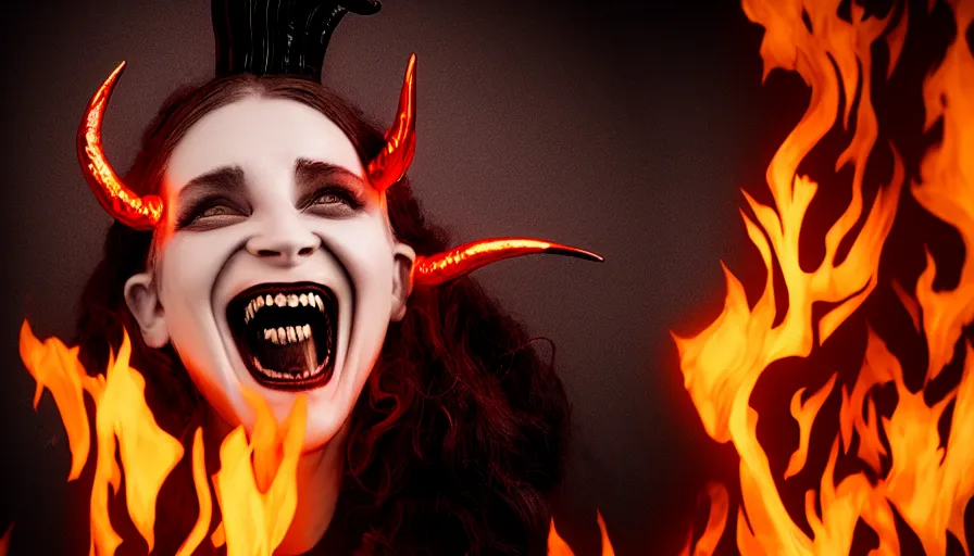Prompt: portrait of a beatuiful laughing woman with horns made of flames in gothic attire, creepy vibe, studio photography, studio lighting, realistic render, octane render, 4 k, 8 k, face in focus