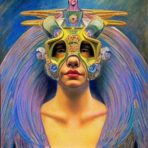 Image similar to the robot in her bejeweled bird mask, by Annie Swynnerton and Diego Rivera, symbolist, dramatic lighting, elaborate geometric ornament, Art Deco,god rays, soft cool colors,smooth, sharp focus, extremely detailed, Adolf Wölfli