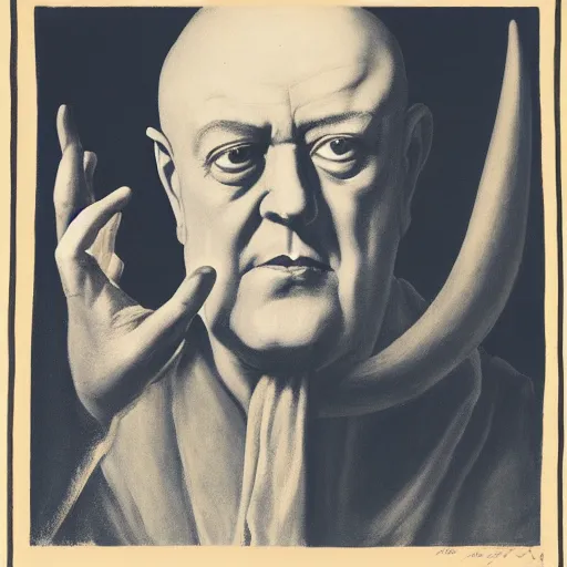 Image similar to Aleister Crowley with horns and hooves by Raphael, Hopper, and Rene Magritte. detailed, romantic, enchanting, trending on artstation