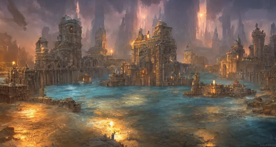 Prompt: ancient city of atlantis with big buildings in gold on an island, fantasy, magical, cinematic, establishing shot, atmospheric lighting, extremely detailed, intricate, sharp focus, coherent, art style of marc simonetti, bowater charlie and brom gerald