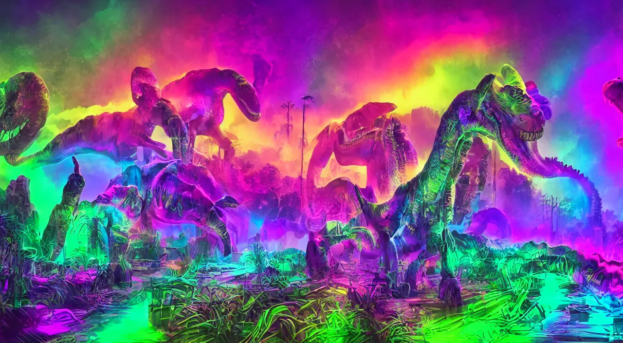 Image similar to spectral purple neon dinosaur, spectral neon pink dinosaur, spectral yellow neon dinosaur, green jungle background, detailed, ultrawide landscape