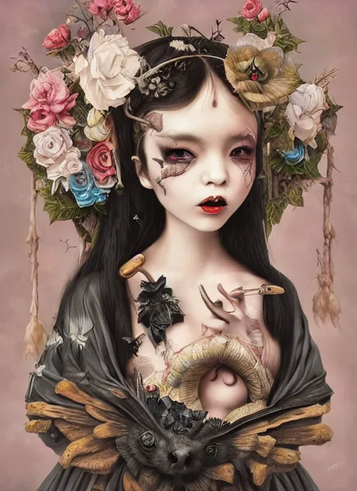 Image similar to pop surrealism, lowbrow art, realistic cute babymetal painting, japanese street fashion, hyper realism, muted colours, rococo, natalie shau, loreta lux, tom bagshaw, mark ryden, trevor brown style,