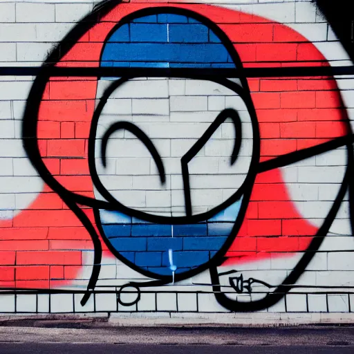 Prompt: wall with graffiti of man with one eye made with colored circles and lines