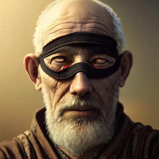 Prompt: portrait painting of a post - apocalyptic older american man wearing monk garbs and a blindfold and a scrap pauldron, ultra realistic, concept art, intricate details, eerie, highly detailed, photorealistic, octane render, 8 k, unreal engine. art by artgerm and greg rutkowski and charlie bowater and magali villeneuve and alphonse mucha