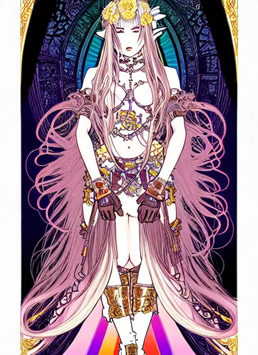 Image similar to highly detailed terada katsuya legend of the cryptids atrstation manga poster of princess mechine, anotherwanderer, rainbow gradient reflection, long hair, armor, dress, laces, ruffles, 8 k, maximalist, golden ratio, alphonse mucha