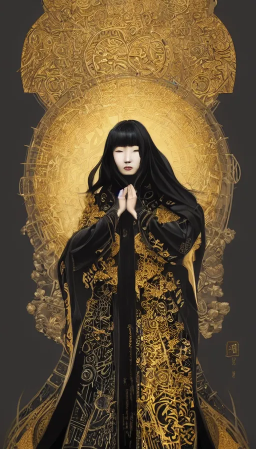 Prompt: portrait of Korean female wearing Black and Gold sith robes, expressive pose, intricate, elegant, highly detailed, digital painting, artstation, concept art, smooth, sharp focus, illustration, art by artgerm and greg rutkowski and alphonse mucha