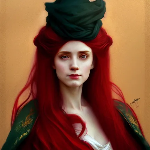 Image similar to long fancy red hair aristocrat, portrait, gentle, solemn face, cloth, female, city background, d & d, fantasy, intricate, elegant, digital painting, red green color palette, artstation, octane render, concept art, matte, sharp focus, illustration, herrarthstone, art by artgerm and greg rutkowski and alphonse mucha