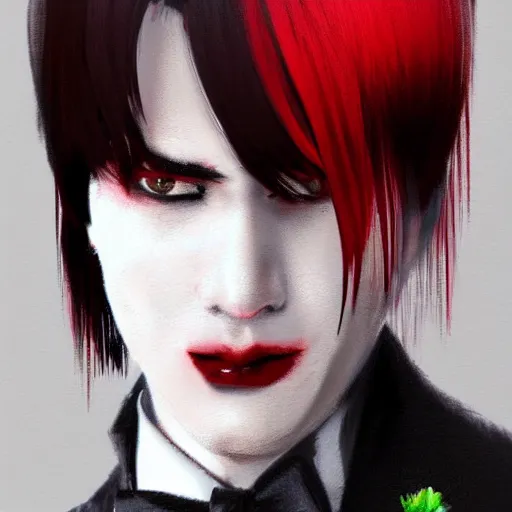 Image similar to full face shot of a handsome butler with straight black hair, a red streak in his hair, with black and red eyes, shy smile, fancy, ultra detailed, brush strokes, digital painting, cinematic, wlop artstation, pixiv, yoshitaka amano, andy warhol, ultra realistic,