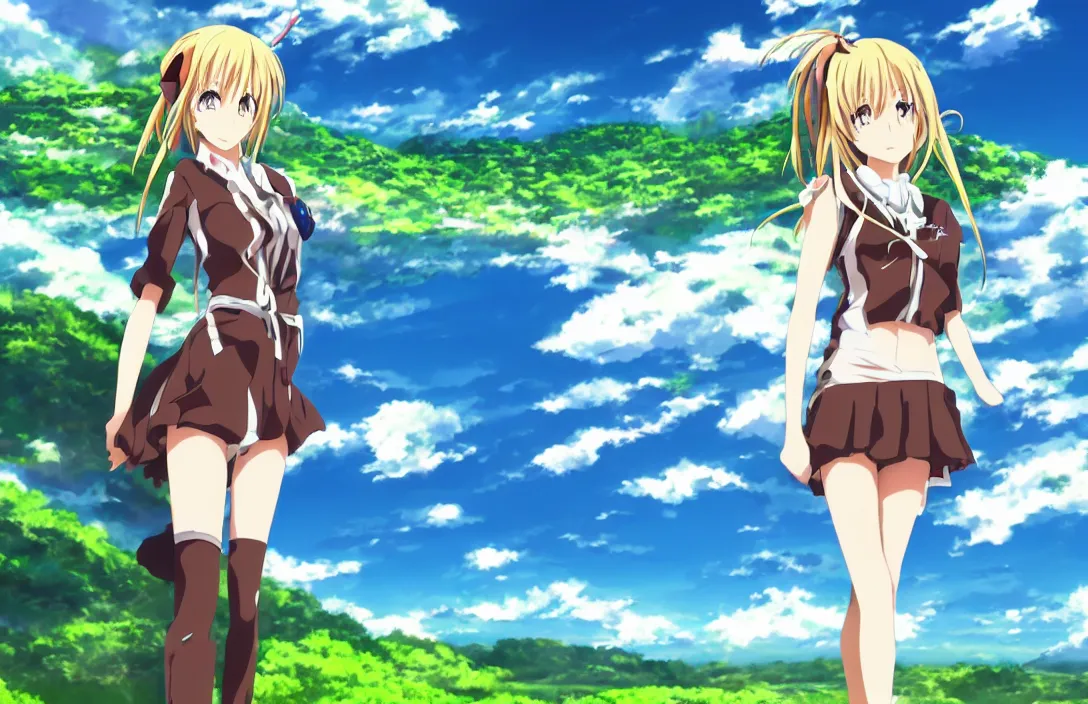 Image similar to an Anime Background Photo of a Valley with green plains and blue sky, with an anime girl standing in the foreground