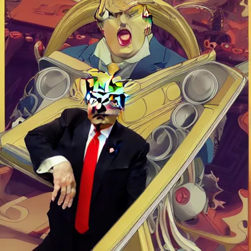 Image similar to donald trump as a jojo character, studio portrait, anime key visual, by wlop, alphonse mucha, extremely detailed