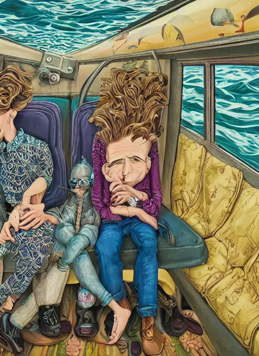 Prompt: detailed colourful masterpiece of photography by anne leibovitz couple portrait sat down extreme closeup, love, inside an underwater train, detailed realistic expressions, wearing unusual clothes, by mcbess, ultra wide angle