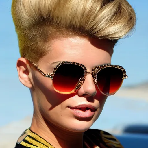 Prompt: Jenny Brava. Blonde pompadour and sunglasses.