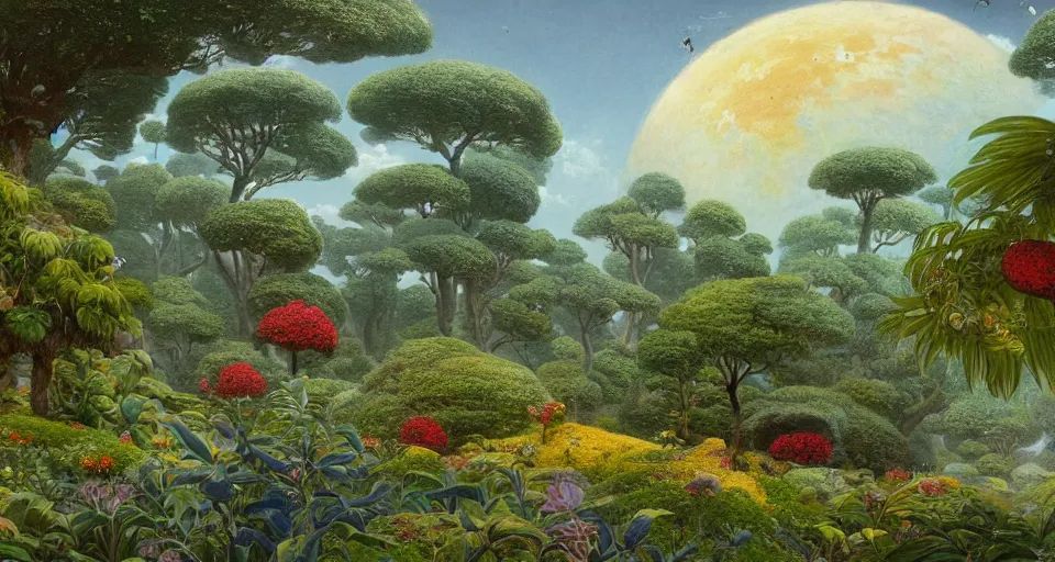 Image similar to a landscape on the moon with many craters, insect aliens, a beautiful flowering garden, a lot of exotic vegetations and trees, intricate detaild, 8 k, in the style of martin johnson heade and daniel merriam and roger dean