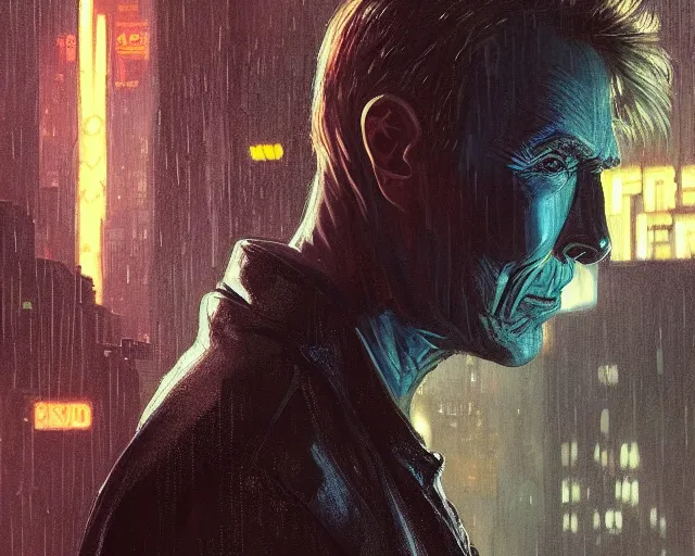 Image similar to 2 0 1 8 blade runner movie still young clint eastwood look at the cityscape from roof perfect face fine realistic face pretty face reflective polymer suit tight neon puffy jacket blue futuristic sci - fi elegant by denis villeneuve tom anders zorn hans dragan bibin thoma greg rutkowski ismail inceoglu illustrated sand storm alphonse mucha