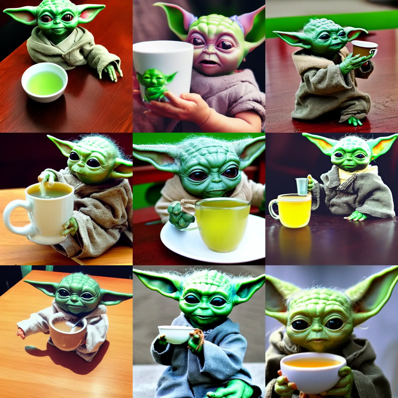 Prompt: baby yoda drinking green tea